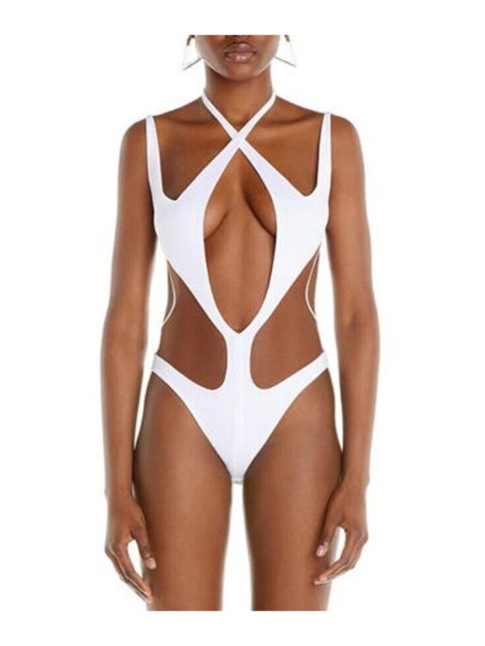 Authentic MUGLER Womens Illusion Mesh Cutout Bodysuit White Nude Size 46 / US 14